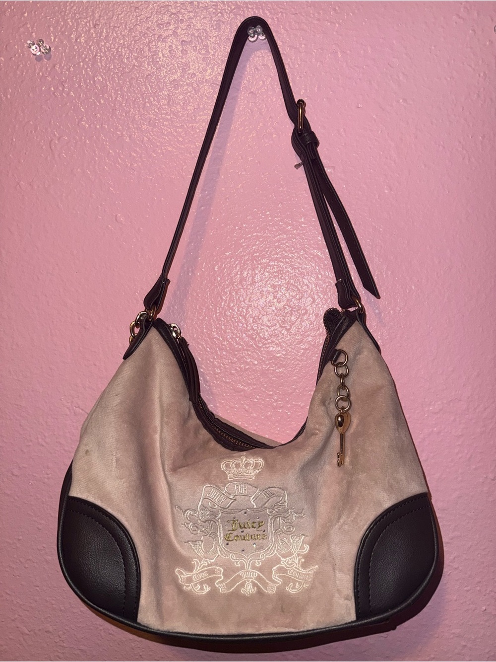 Juicy Couture Blush Suede Hobo with Dark Brown Trim